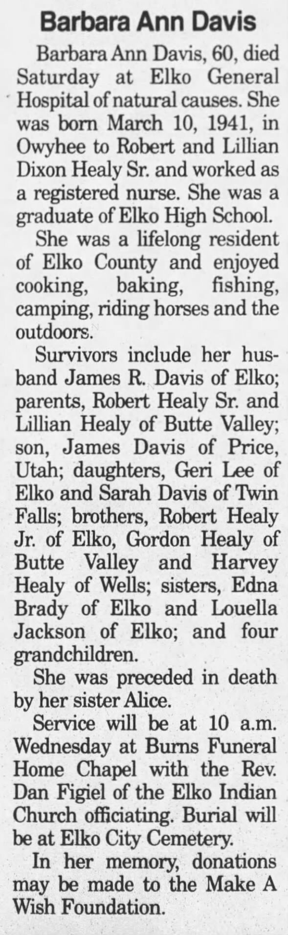Obituary for Barbara Ann Davis (Aged 60)